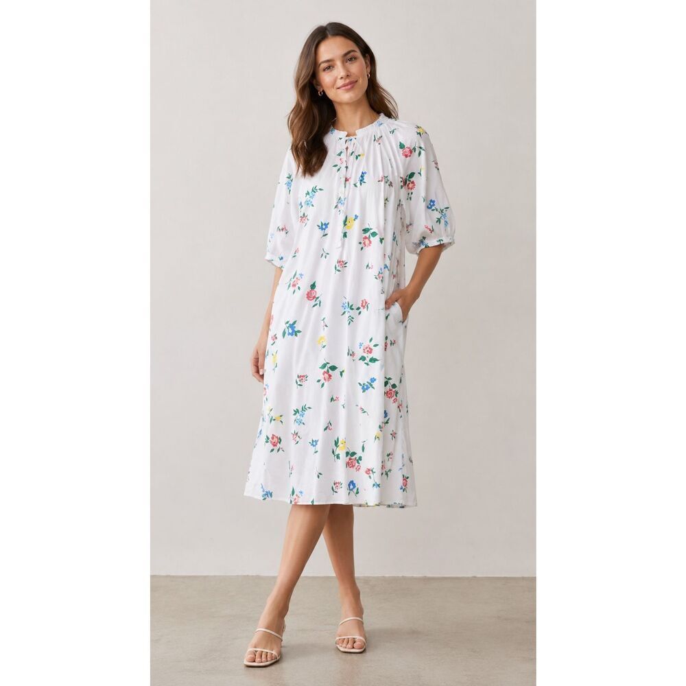 THE GREAT White Floral Cotton Midi Dress Cottagecore Puff Sleeve Boho Prairie Dr